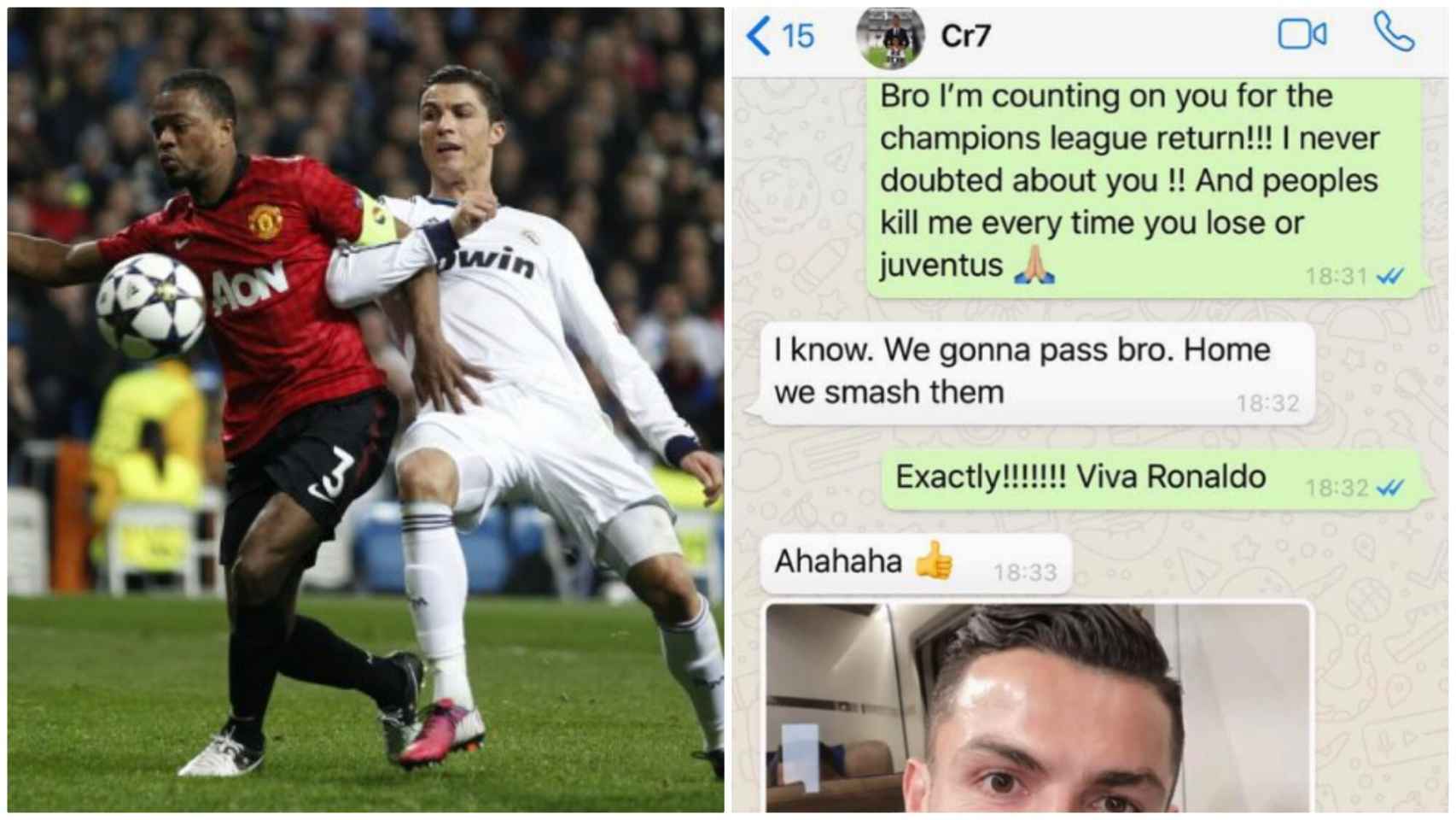 Evra enseña sus 'whatsapps' con Cristiano antes de la remontada: En casa los aplastamos