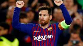 Lionel Messi celebra un gol con el Barcelona en la Champions League