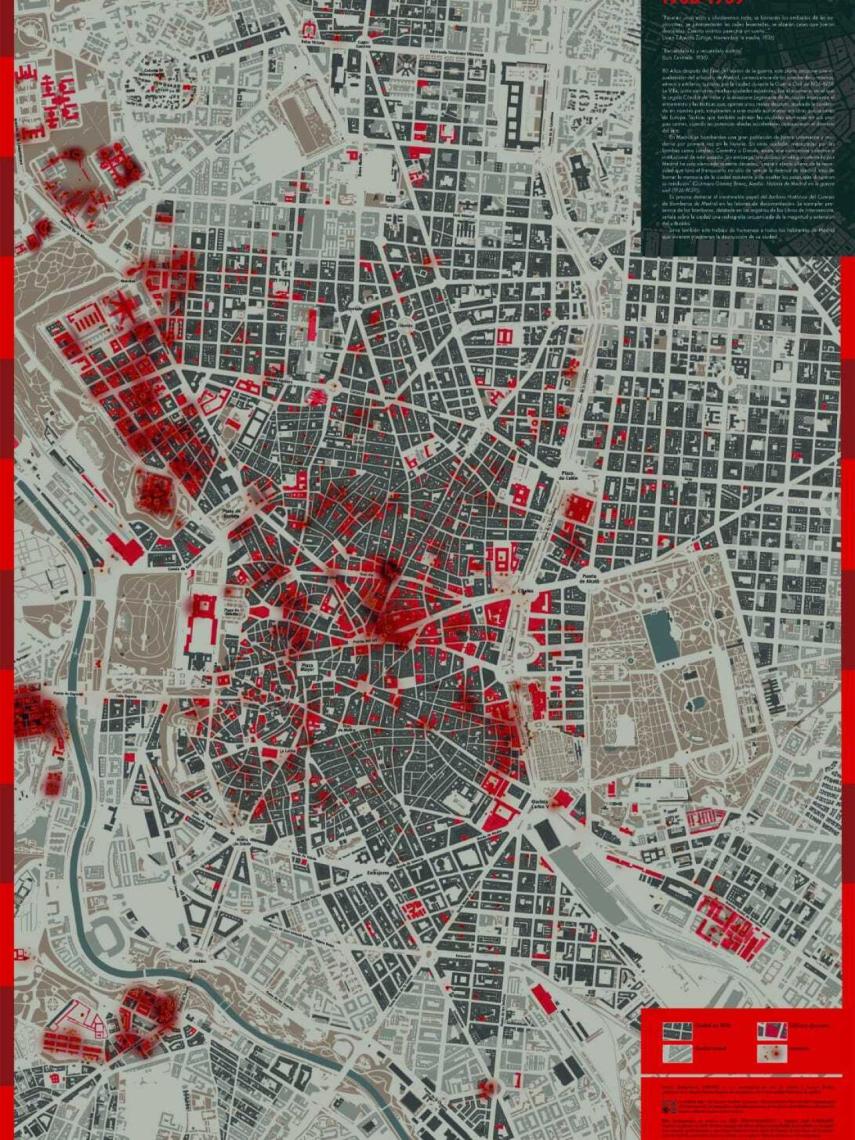 Mapa de Madrid bombardeado 1936-1937.