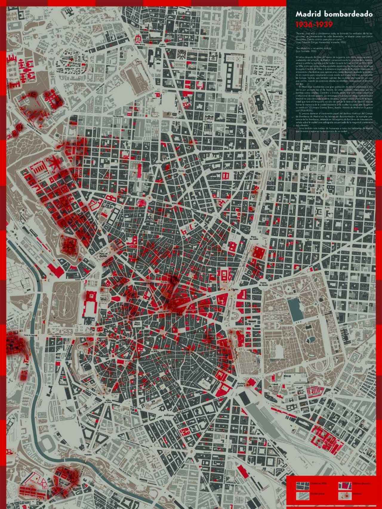Mapa de Madrid bombardeado 1936-1937.