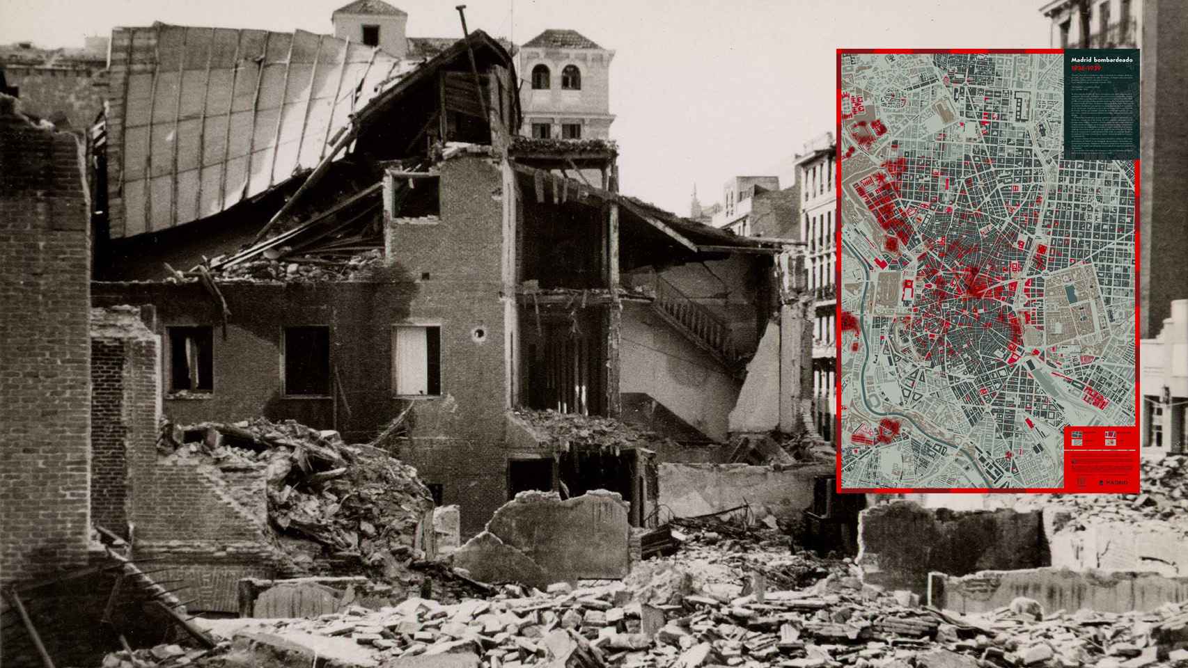 Un edificio de Argüelles destrozado por los obuses de la artillería rebelde.