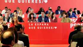 Los miembros de la Ejecutiva del PSOE, con Sánchez a la cabeza, este domingo en Madrid.