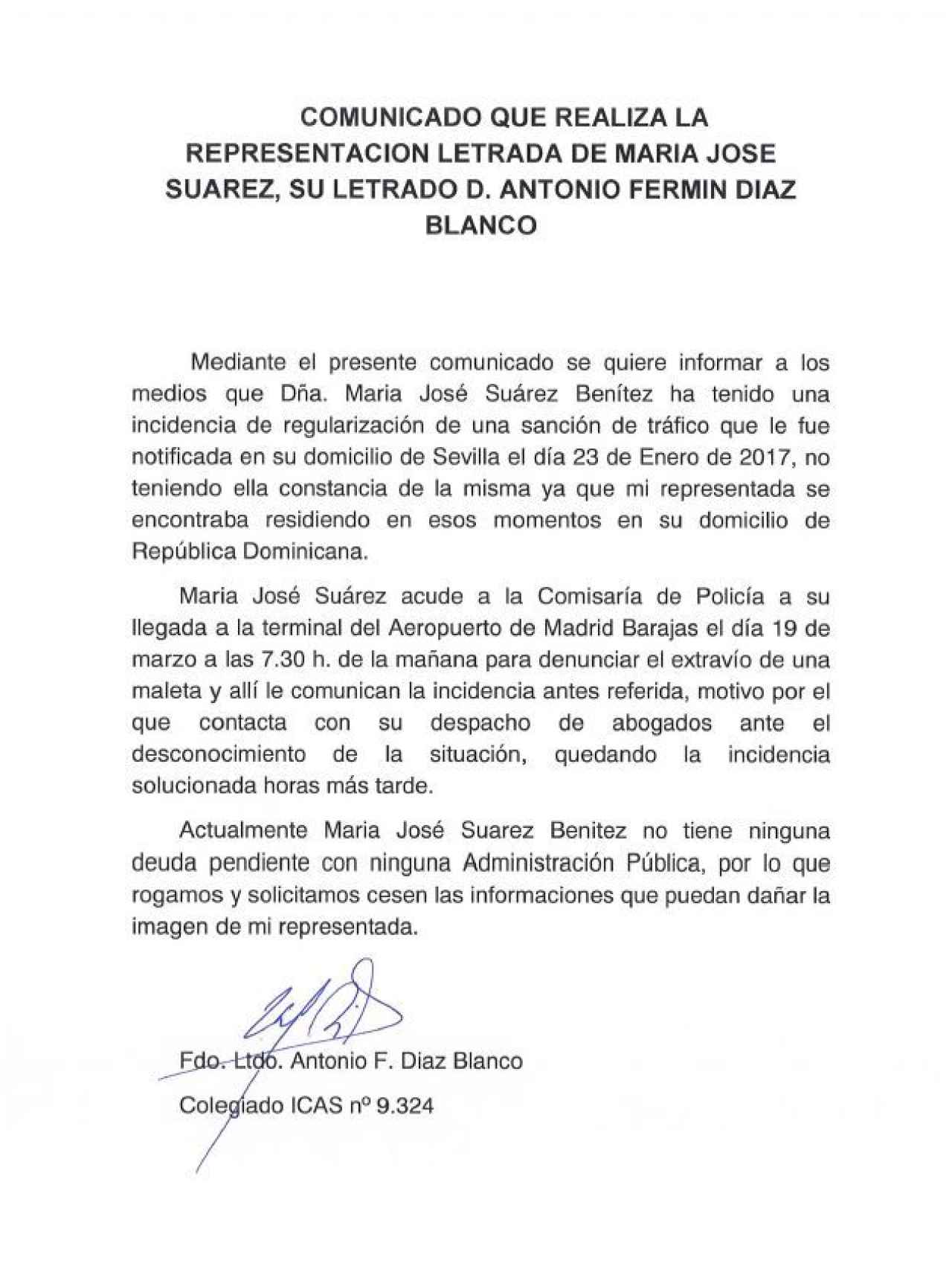 Comunicado oficial remitido por María José Suárez.