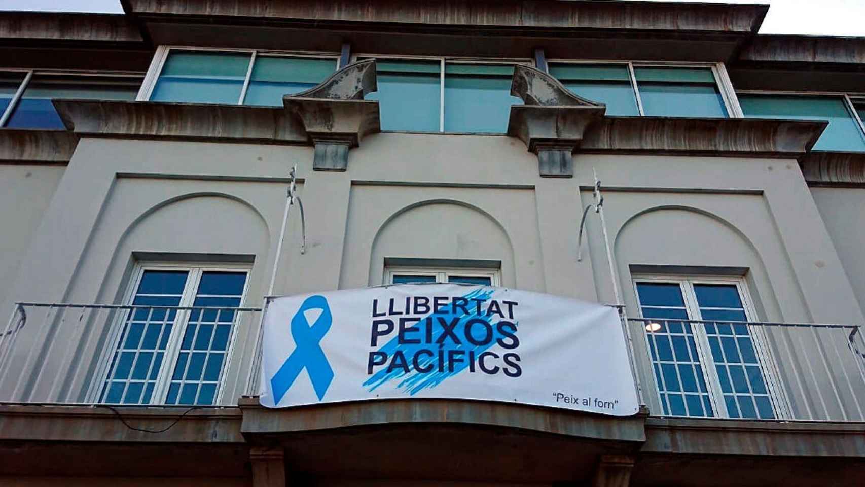 Del Ayuntamiento de Port de la Selva, en Gerona, cuelga una pancarta con un lazo azul.