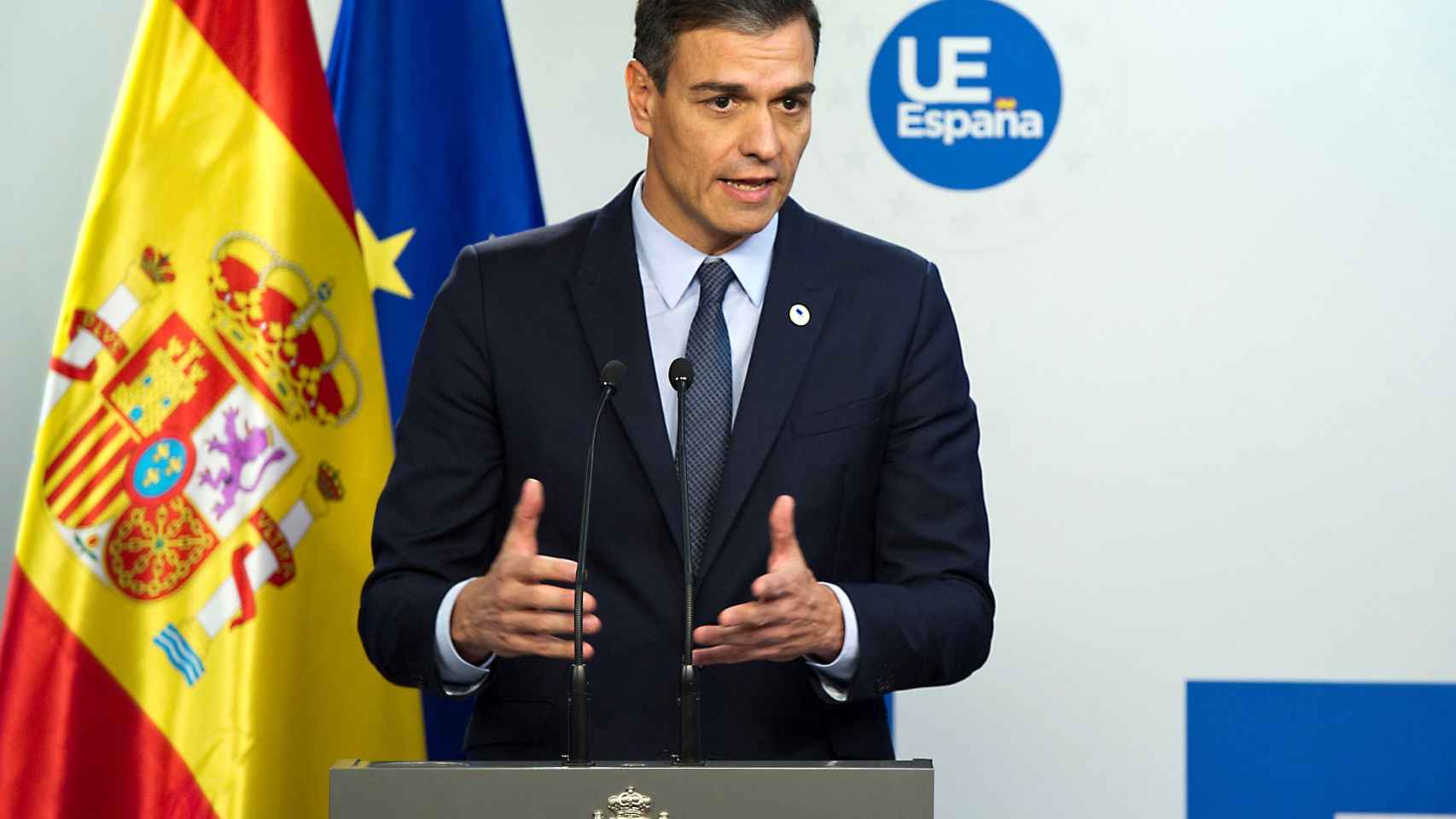 Pedro Sánchez, presidente del Gobierno, en rueda de prensa en Bruselas.