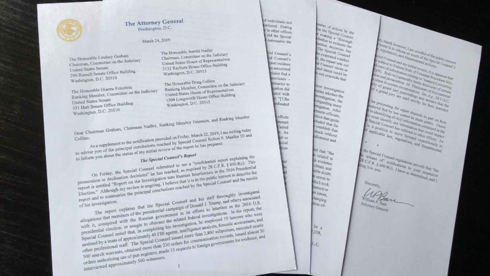 Carta del Procurador General, William Barr, a los líderes del Congreso sobre las conclusiones del informe.