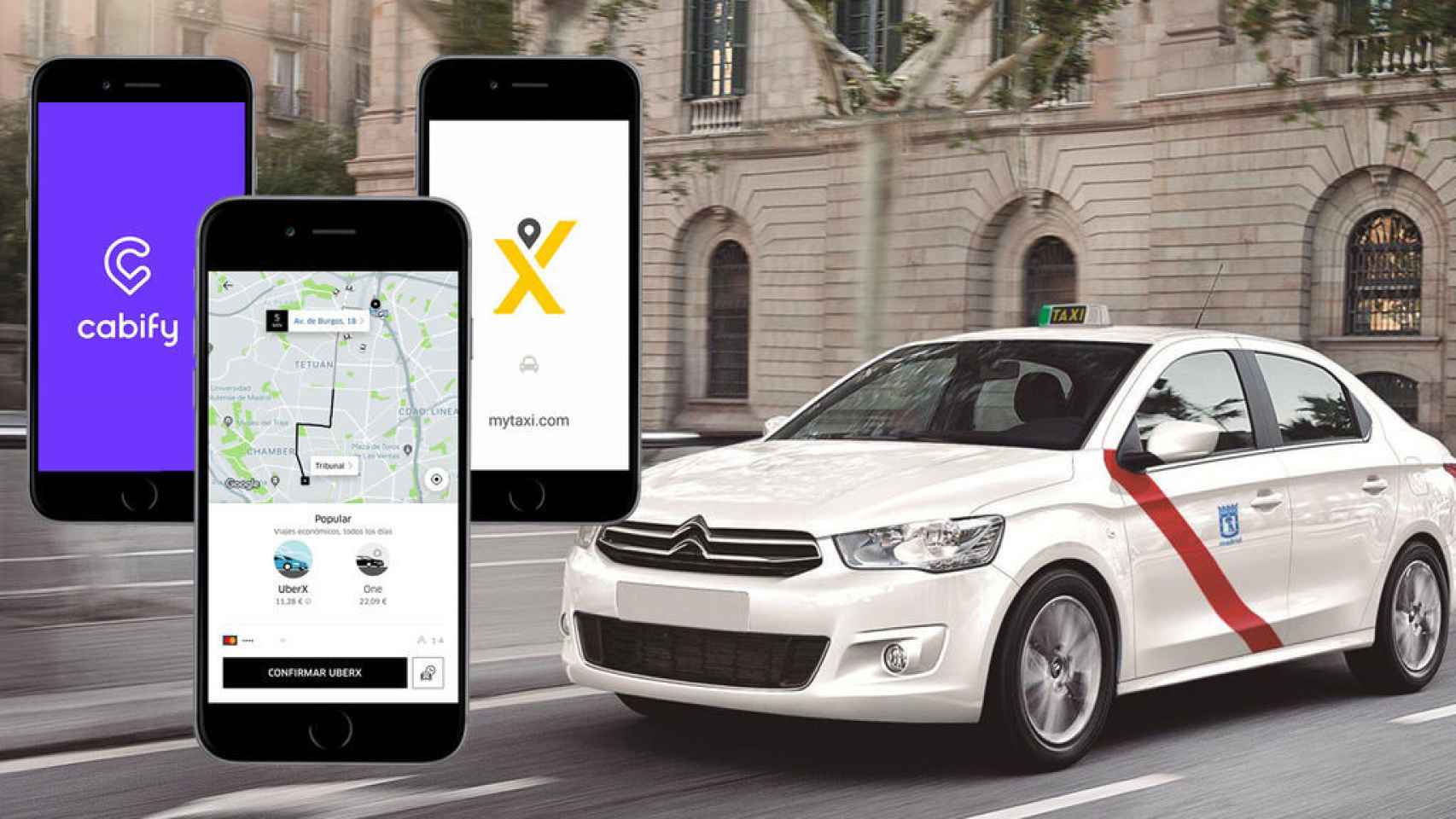 Montaje con la imagen de todos los servicios que existen: Uber, Cabify y Taxi.