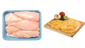 Pechuga de pollo rosada y filetes de pollo amarillentos