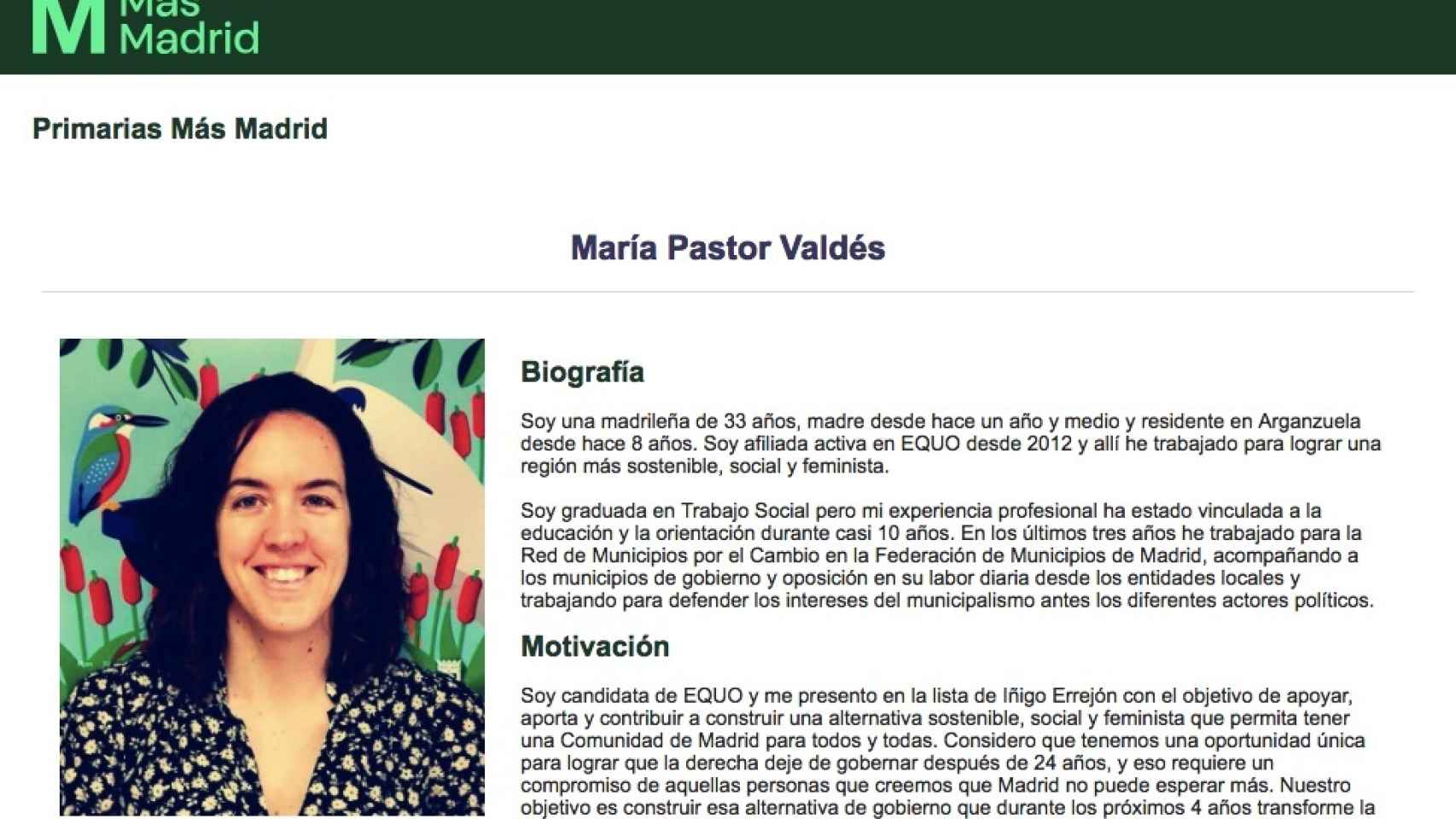 Ficha de María Pastor Valdés en la web de Más Madrid.