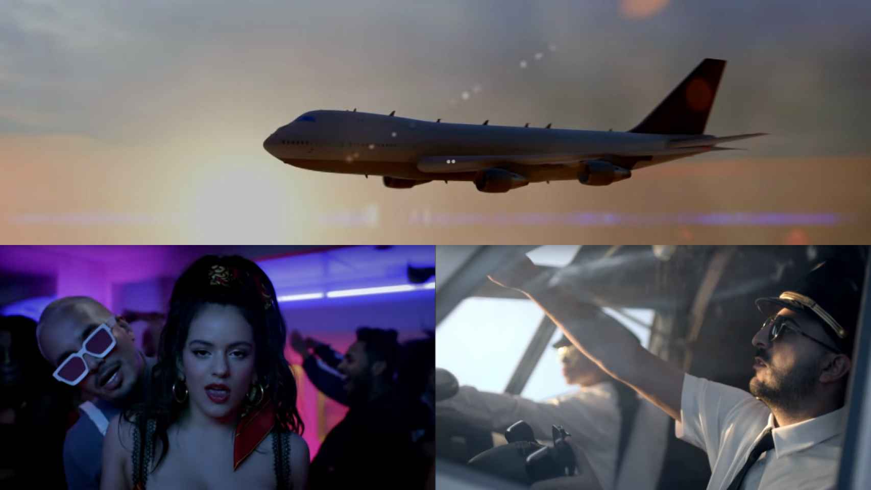 De arriba, abajo y de izquierda a derecha, frames del 747, J Balvin y Rosalia y el Guincho en el videoclip de 'Con Altura'.