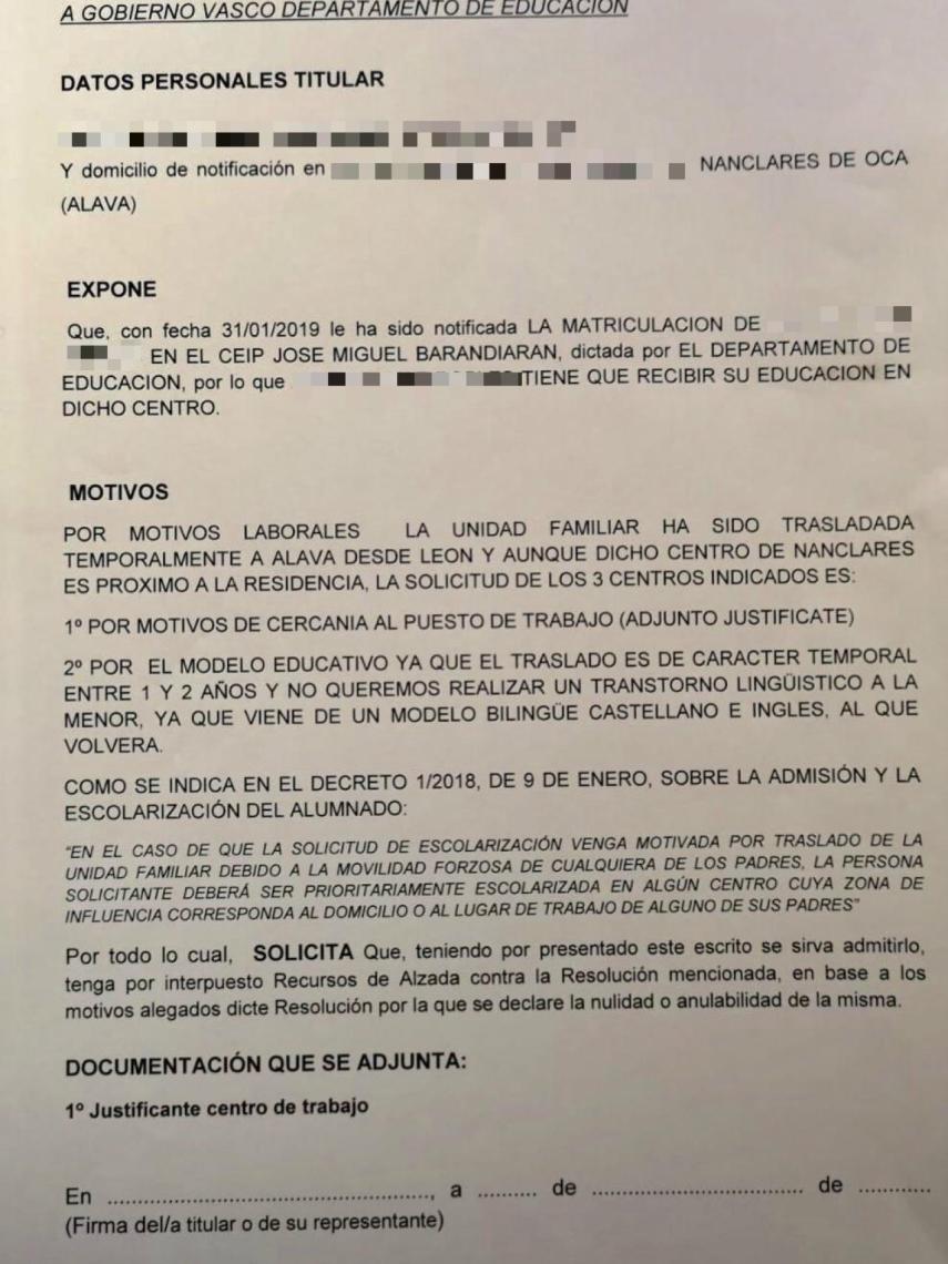 Recurso presentado por la familia contra la obligación de matricular a la niña en el centro.