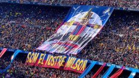 Tifo del Camp Nou para el Barcelona - Espanyol de La Liga. Foto: Twitter (@elchiringuitotv)
