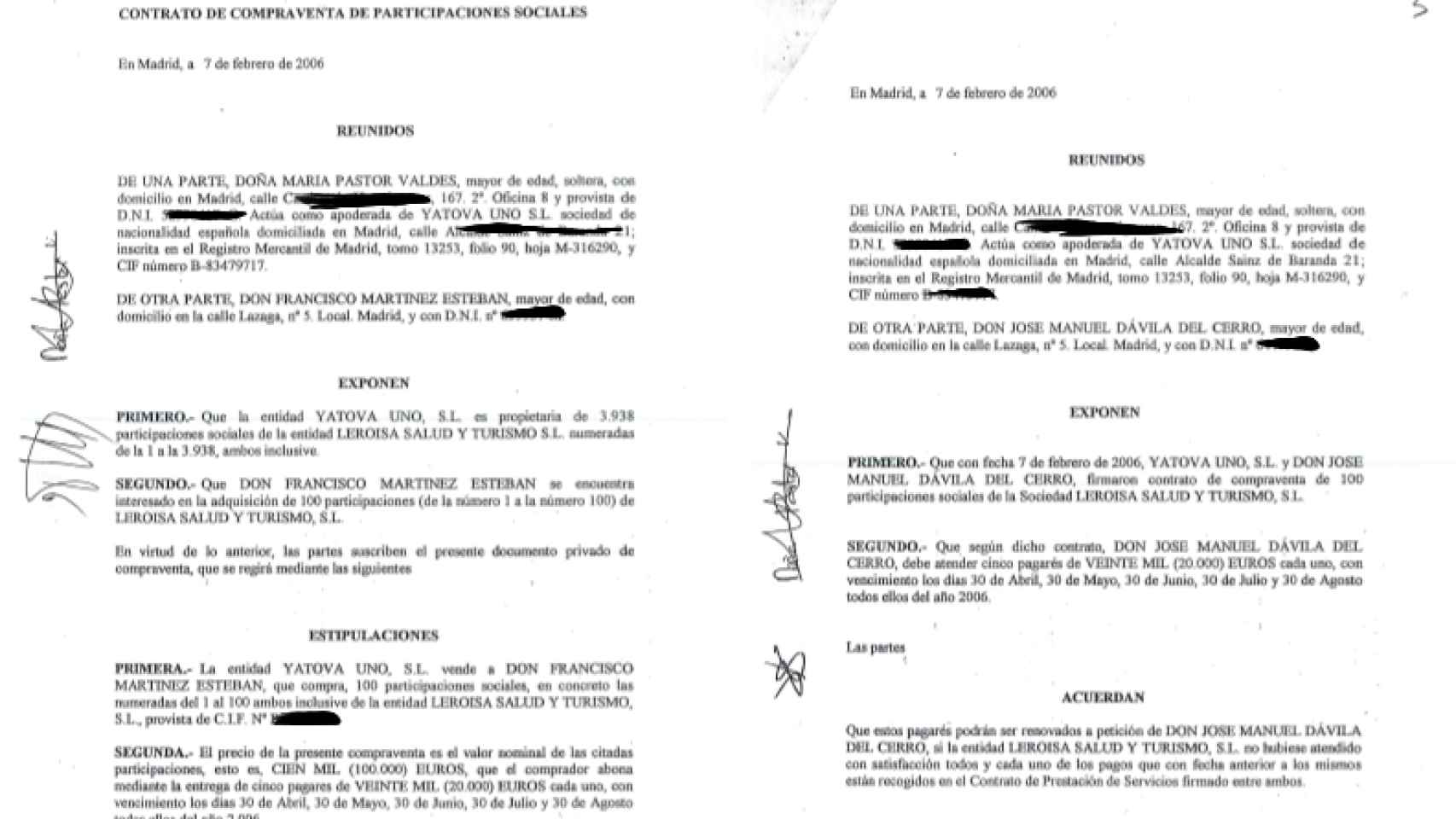 Contratos de compraventa de participaciones de Leroisa SL y de honorarios firmados por María Pastor Valdés.