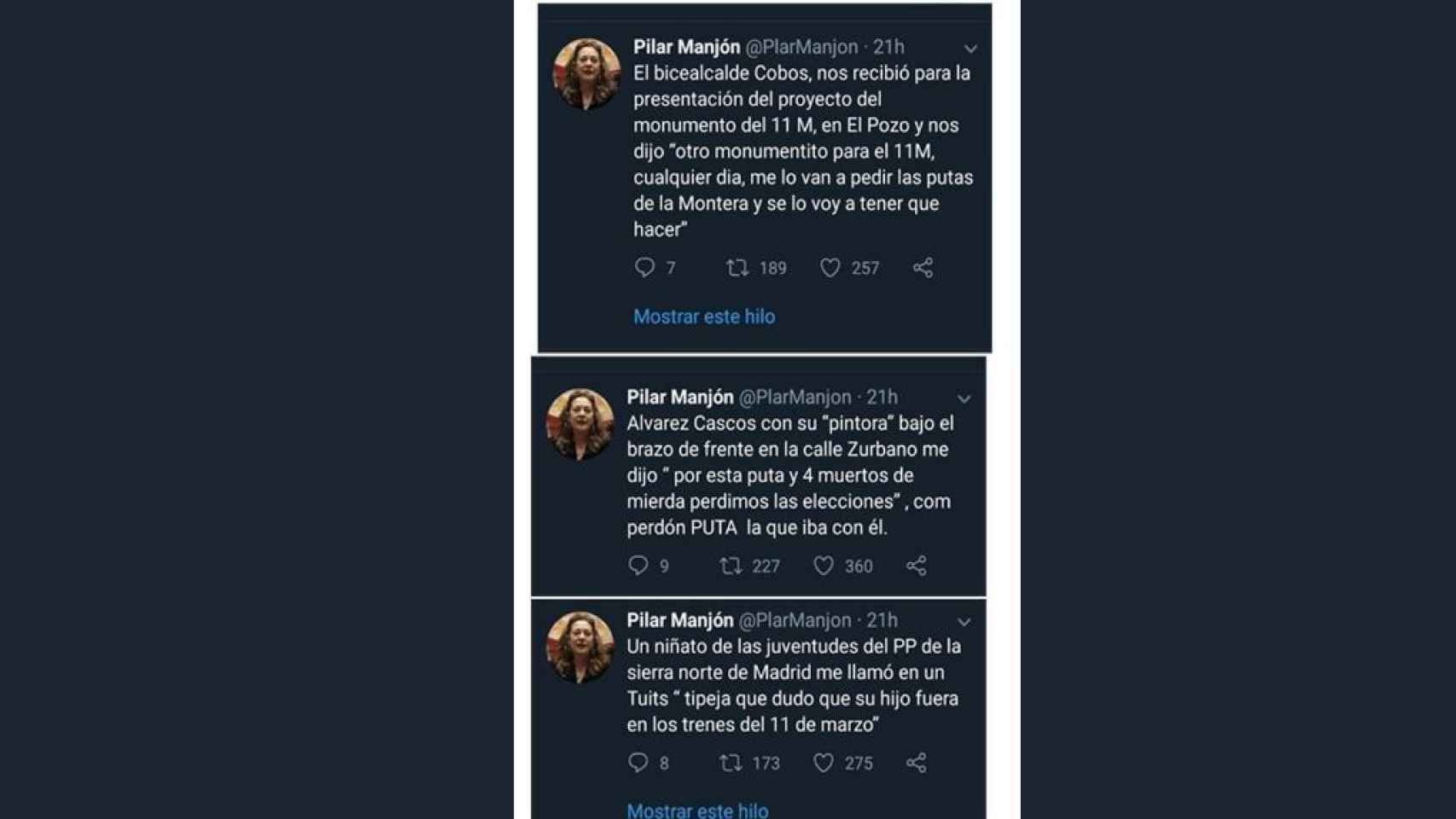 Tuits contra políticos de Pilar Manjón.