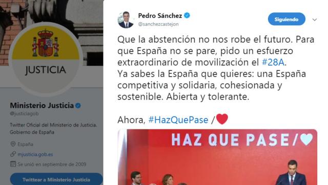 El tuit electoralista de Pedro Sánchez en la cuenta en Twitter del Ministerio de Justicia.