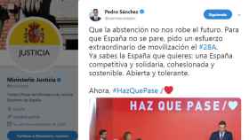 El tuit electoralista de Pedro Sánchez en la cuenta en Twitter del Ministerio de Justicia.