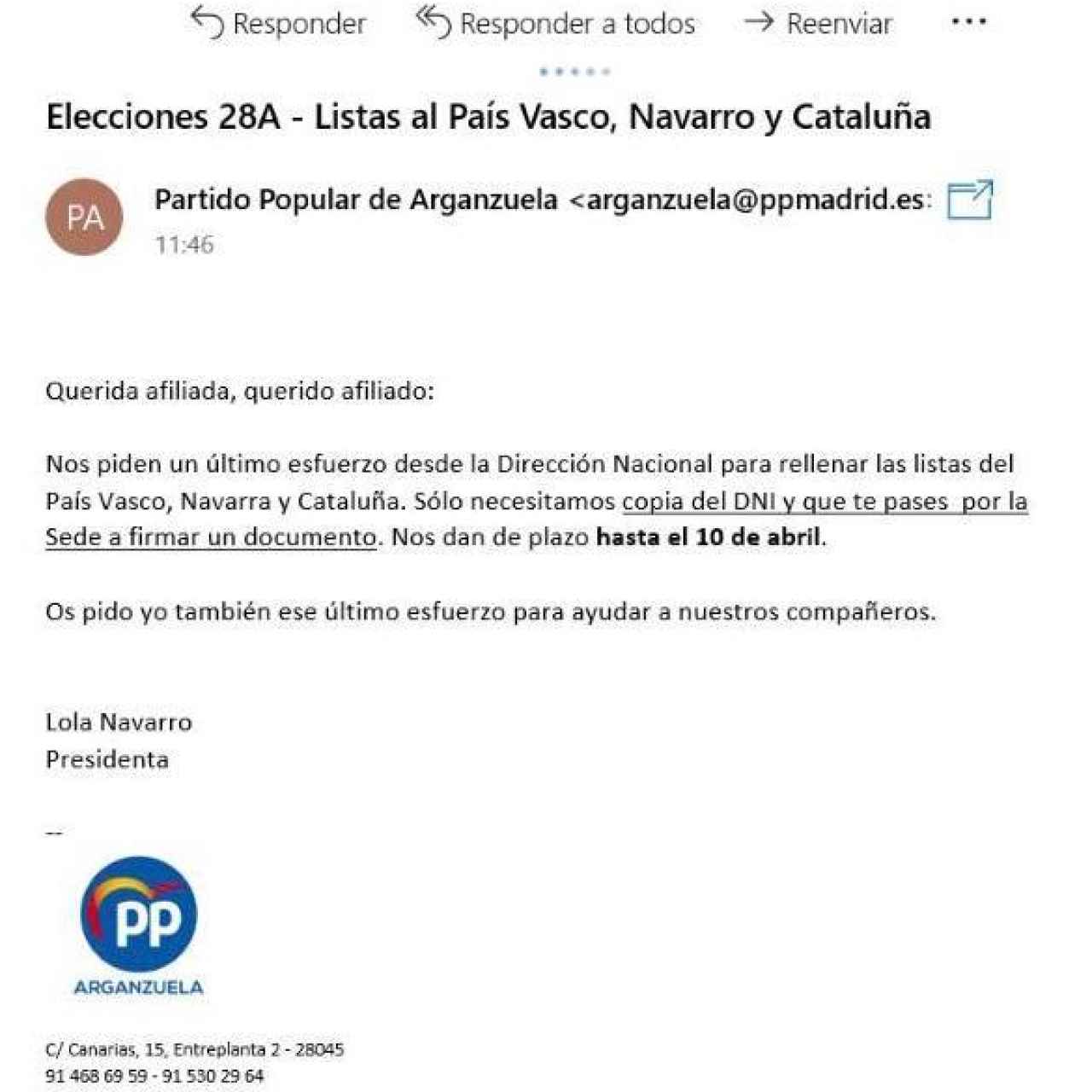 Carta remitida por el PP de Arganzuela a sus militantes.