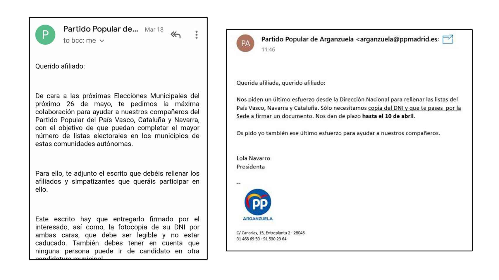 Correos enviados a los militantes en distintas agrupaciones del PP.
