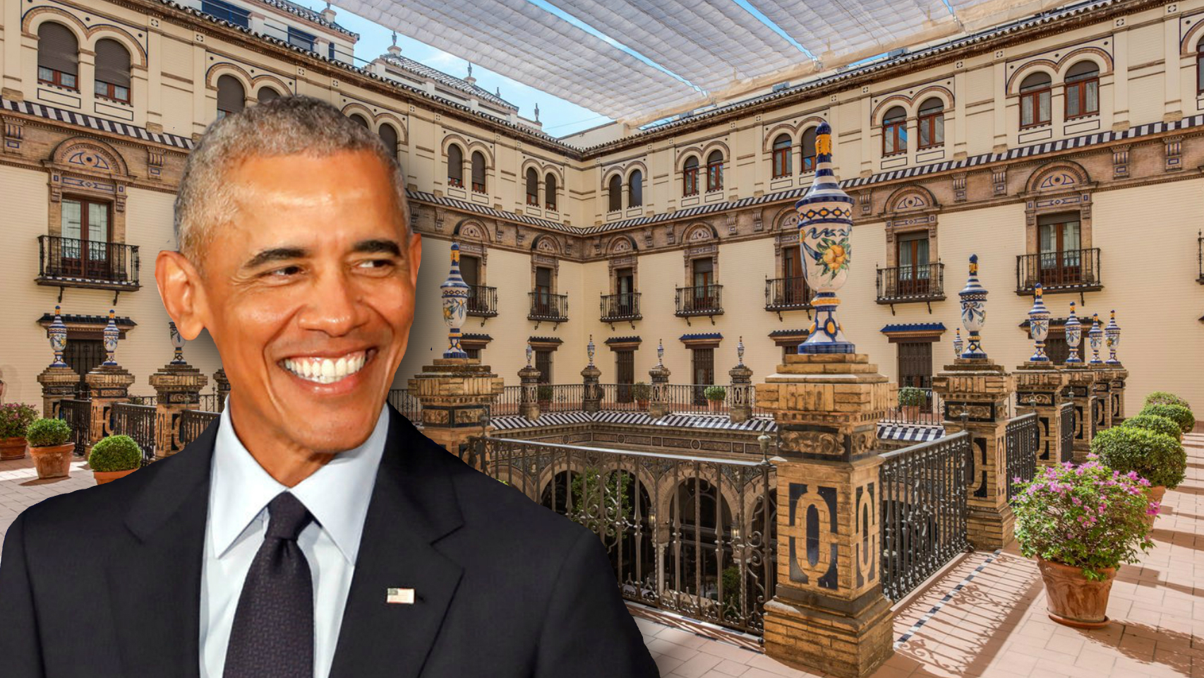 Barack Obama en un montaje de JALEOS con el hotel Alfonso XIII de fondo.