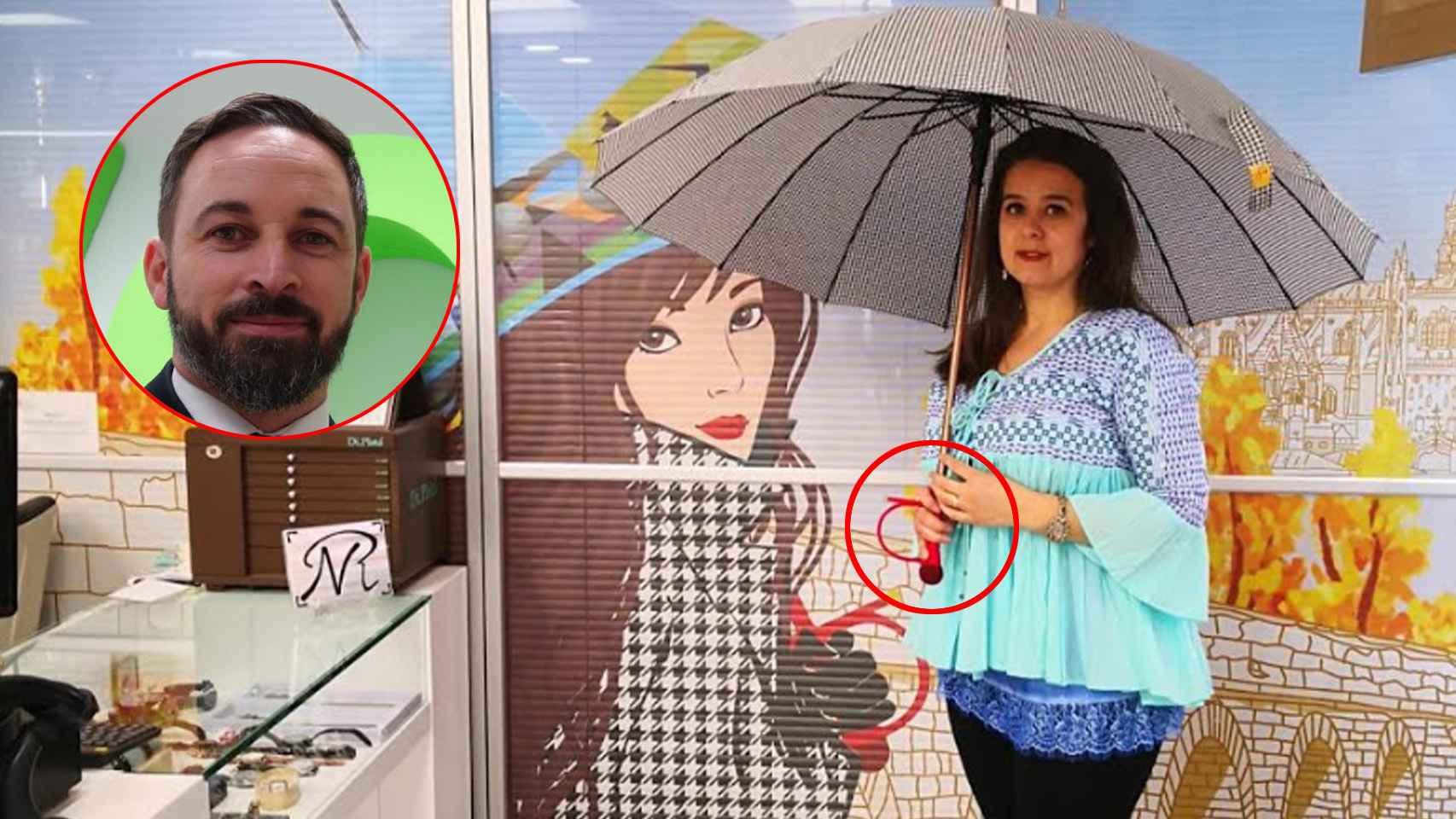Natalia Recio, con un paraguas de 'Estocadas al tiempo', la marca que creó y que lleva Santiago Abascal.
