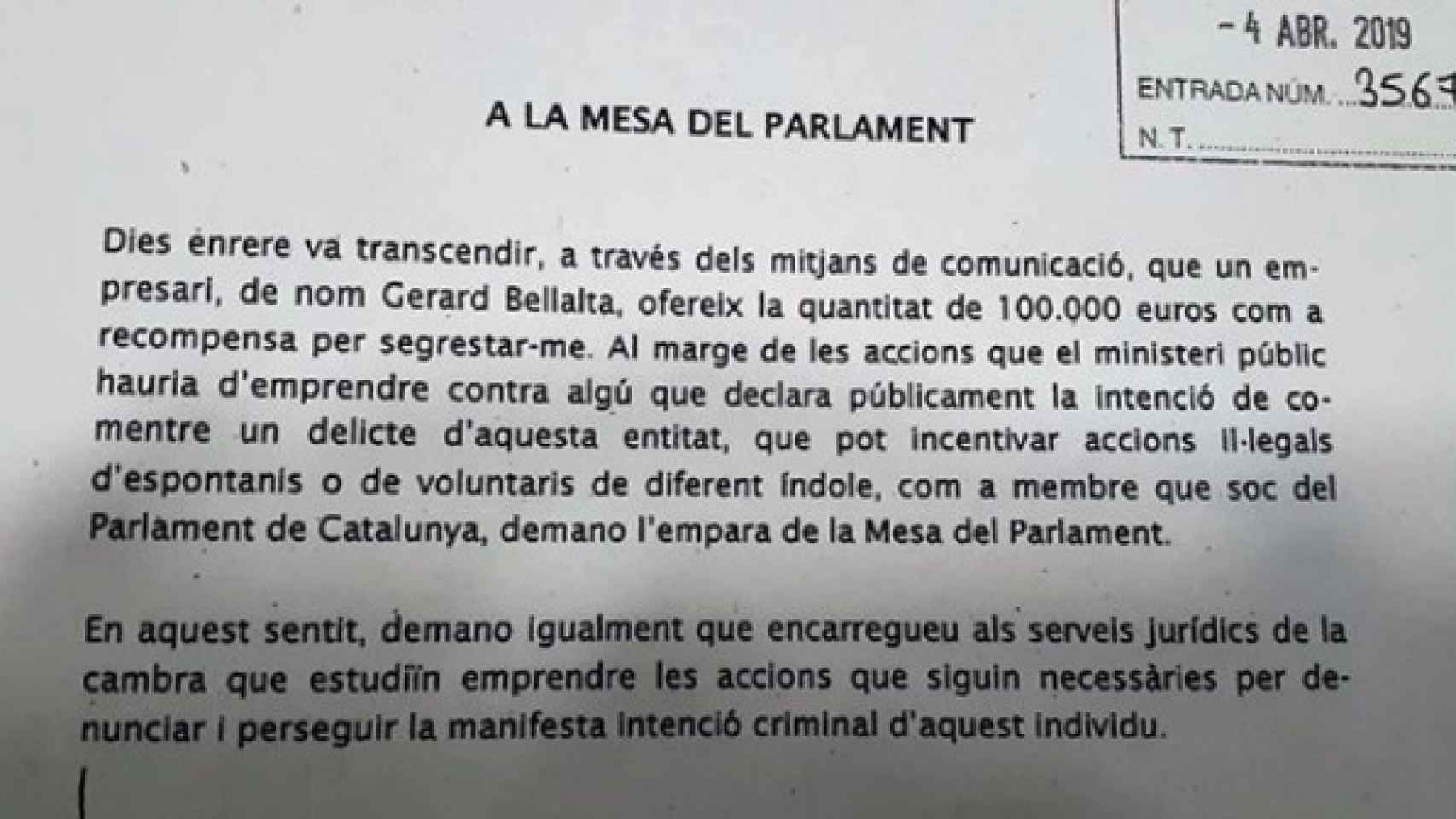 Carta enviada por Puigdemont.