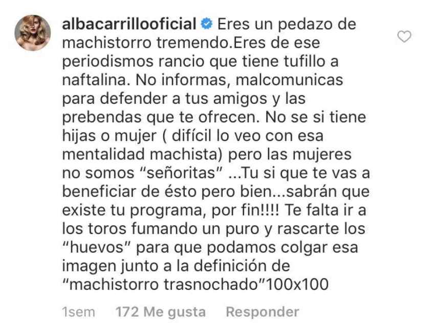 Comentario de Alba Carrillo en el Instagram de José Ramón de la Morena.
