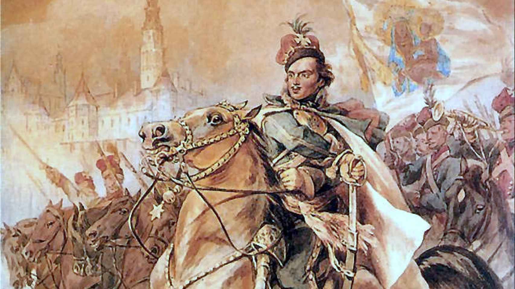 Un cuadro de Casimir Pulaski montando a caballo, obra de Juliusz Kossak.