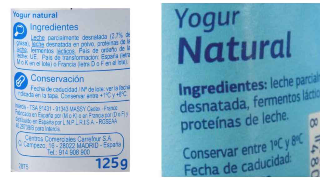 El yogur de la izquierda contiene leche en polvo y el de la izquierda proteínas de leche