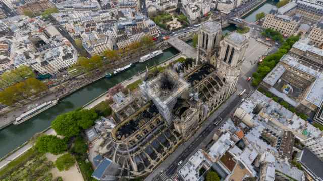 Notre Dame a vista de dron tras el incendio de 2019.