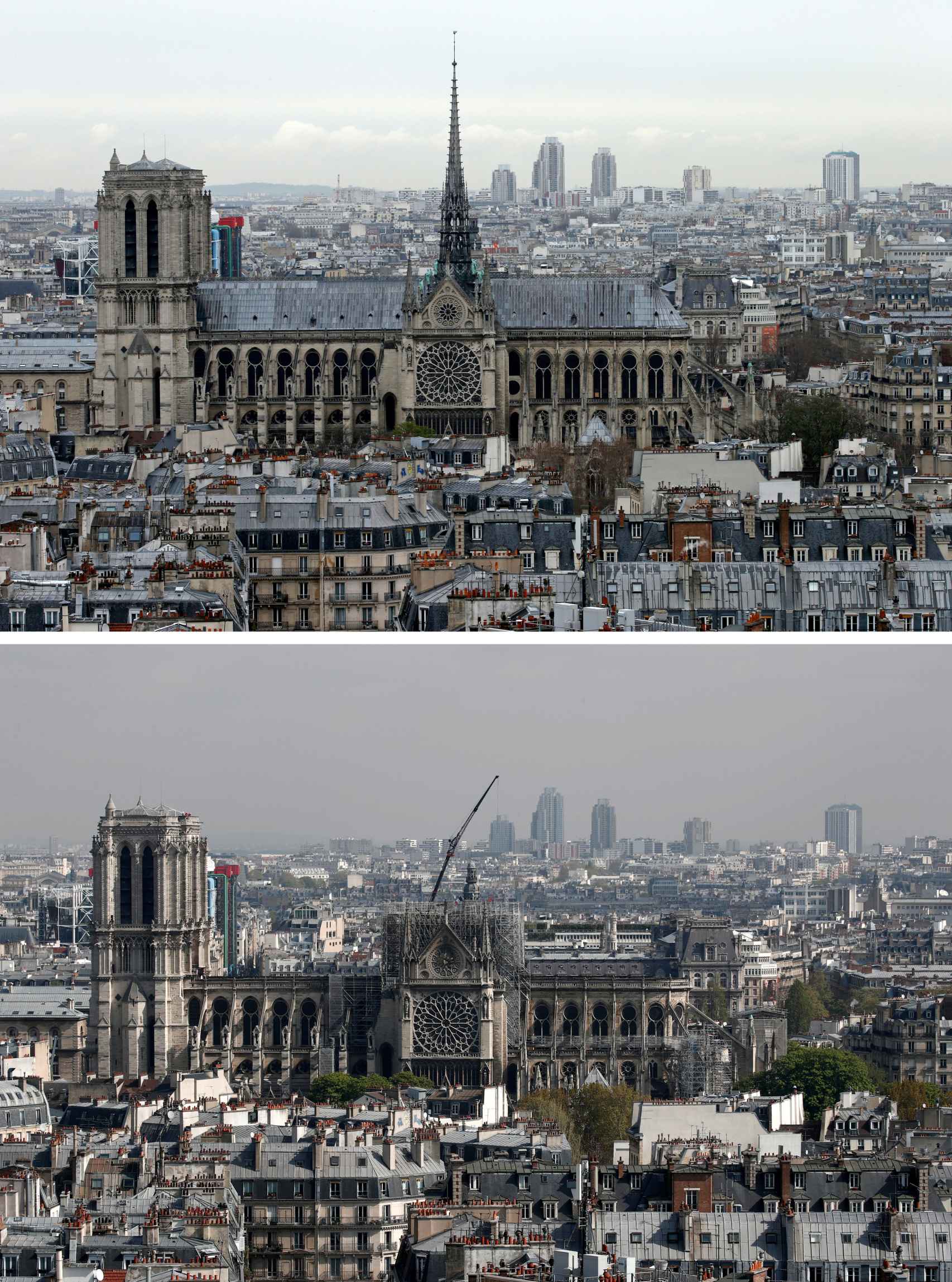 La catedral de Notre Dame antes y después del incendio.