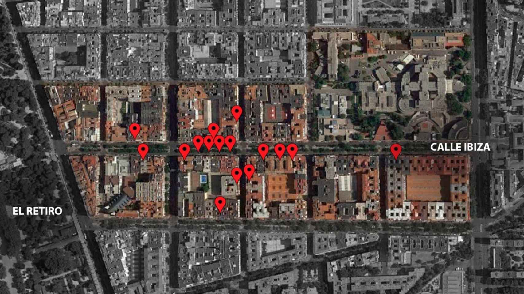 Mapa de todas las porterías de Torre de Juan Abad (Ciudad Real) en la calle Ibiza y colindantes.