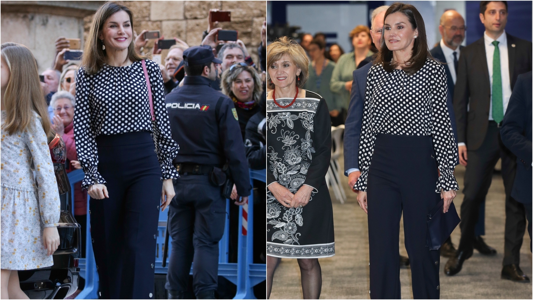 A la izquierda, la reina Letizia el 3 de abril de 2018. A la derecha, la reina Letizia el 3 de abril de 2019.