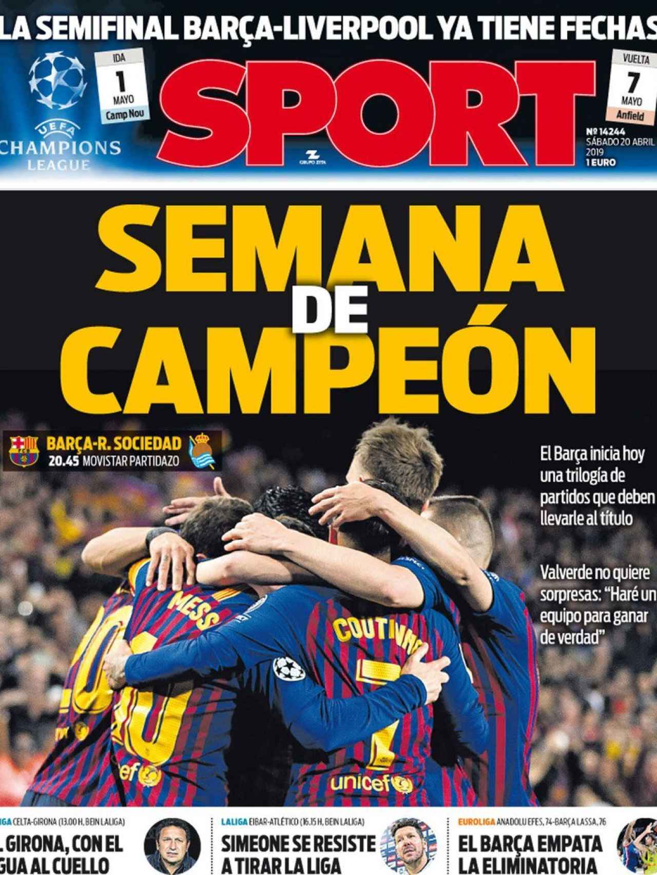 La portada del diario Sport (20/04/2019)