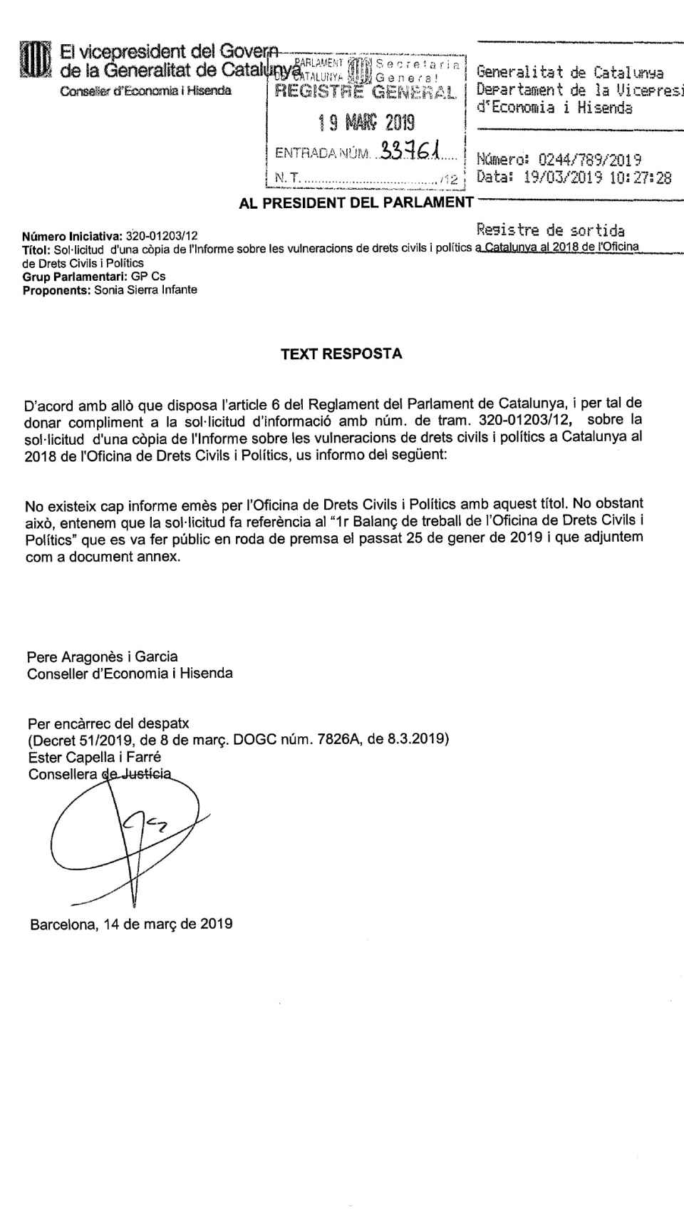 Respuesta del departamento de Vicepresidencia de la Generalidad a la solicitud de Sonia Sierra.