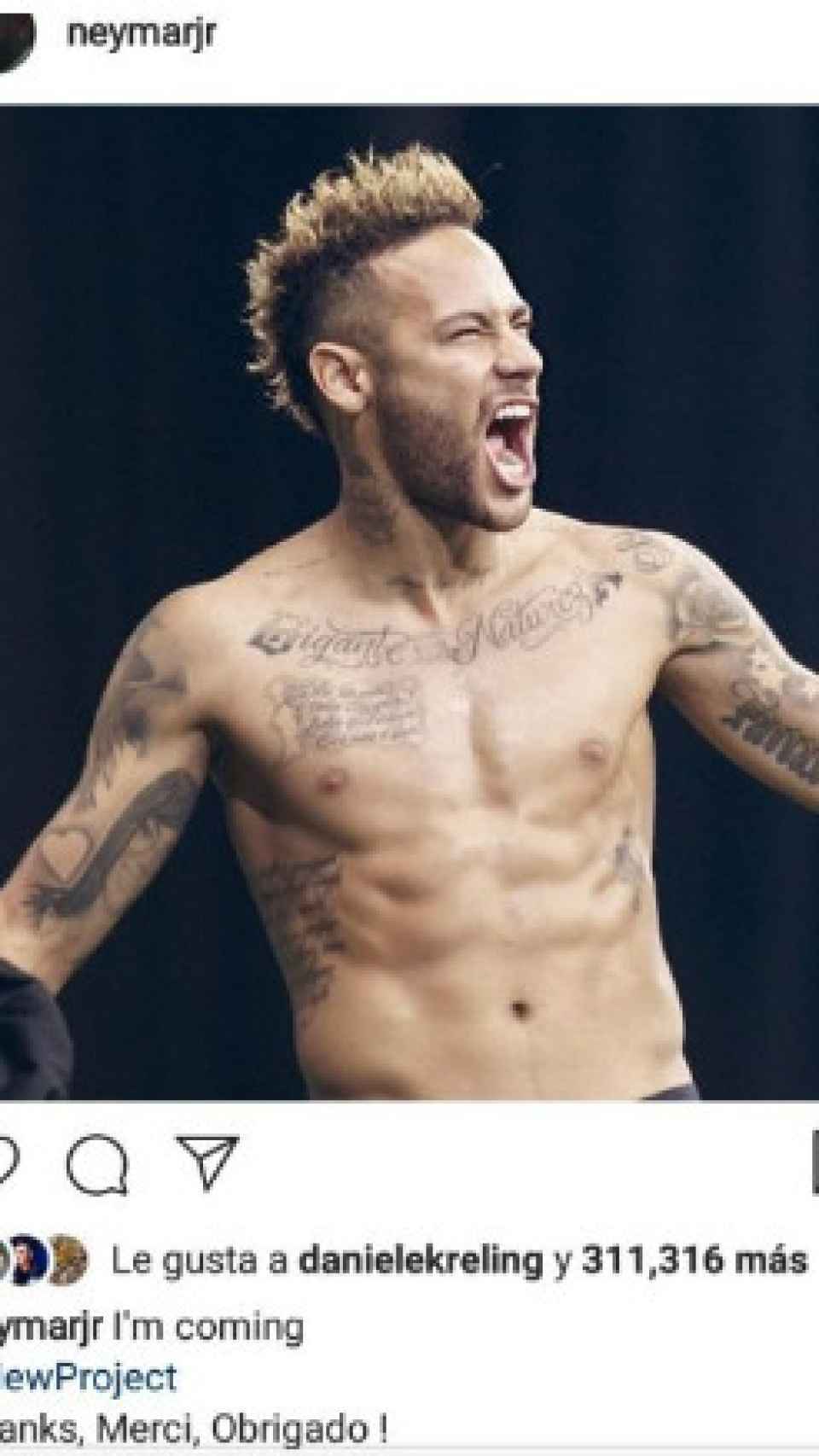 Publicación de Neymar en Instagram que después borró