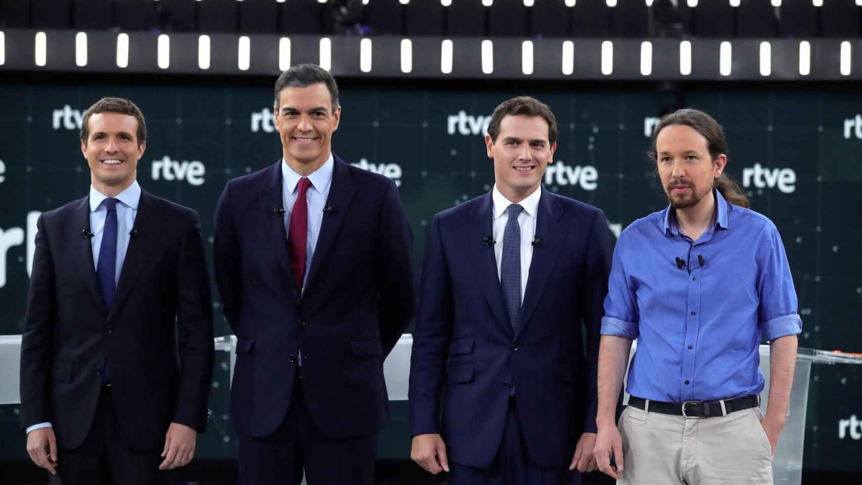 Los candidatos a la presidencia del Gobierno Casado, Sánchez, Rivera e Iglesias, este lunes.