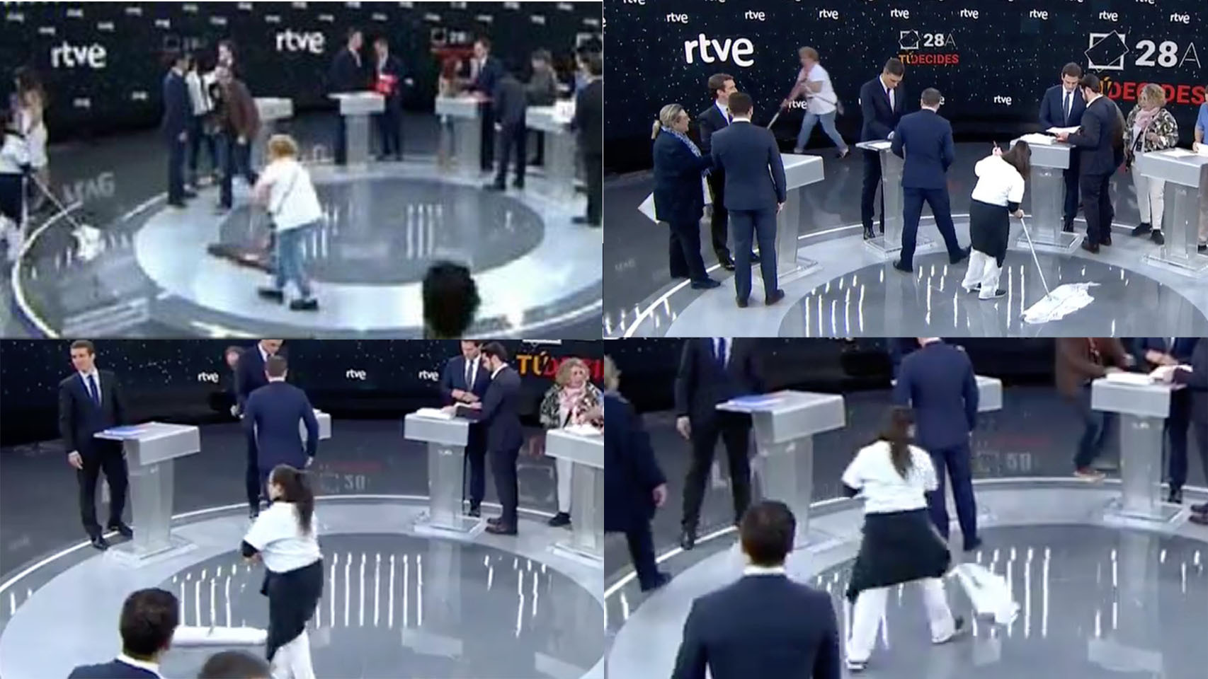 Momentos antes de que arrancara el debate en TVE, el equipo de limpieza salta al plató a ultimar los detalles.