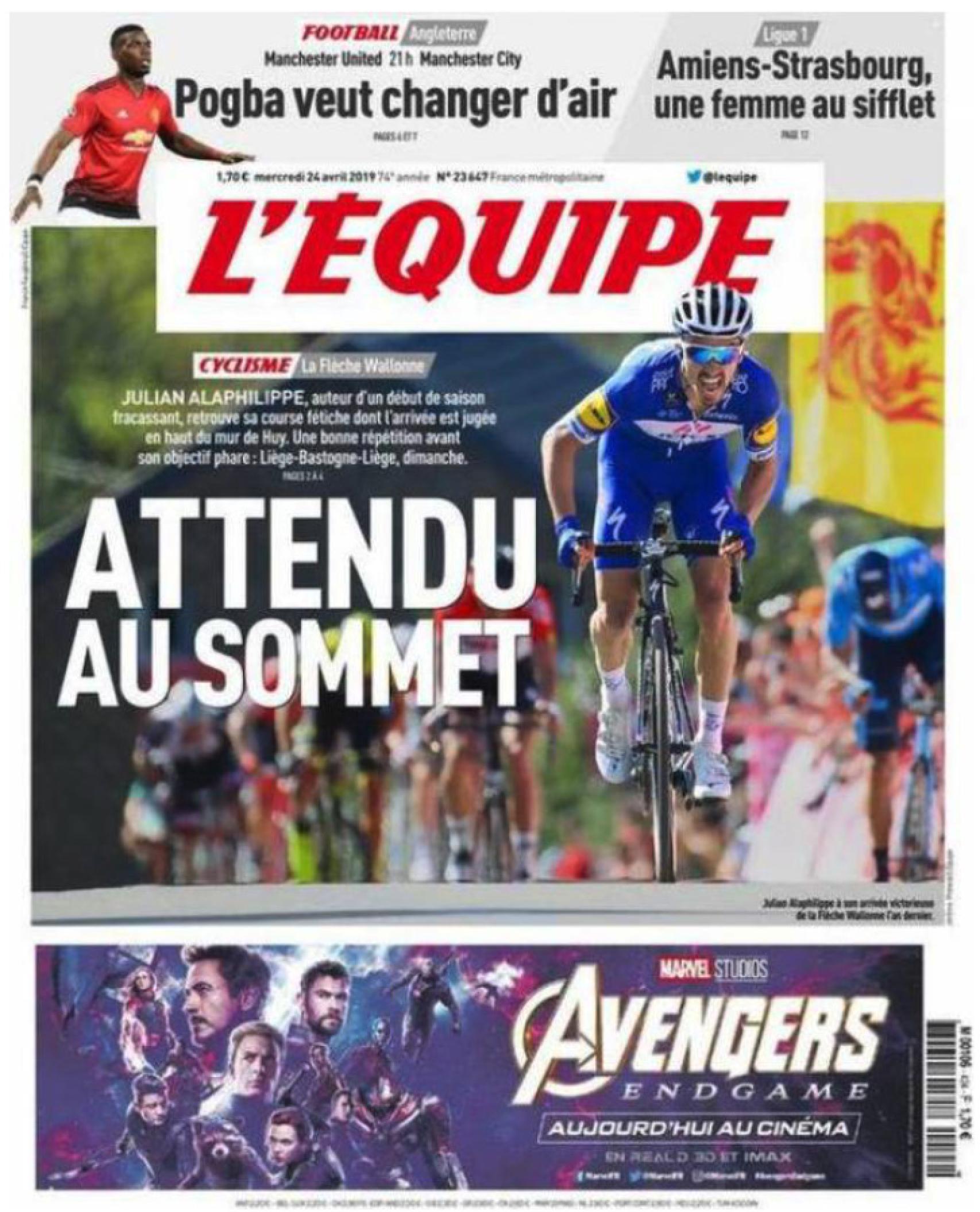 La portada del diario L'Équipe (24/04/2019)