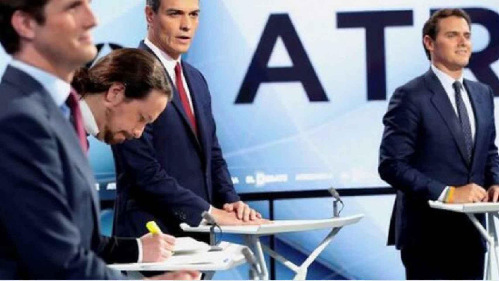 Pablo Casado, Pablo Iglesias, Pedro Sánchez y Albert Rivera, durante el debate del pasado martes en Atresmedia.