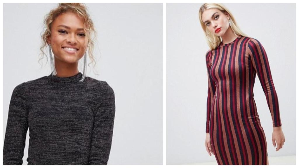 Modelos luciendo vestidos de Asos de purpurina.