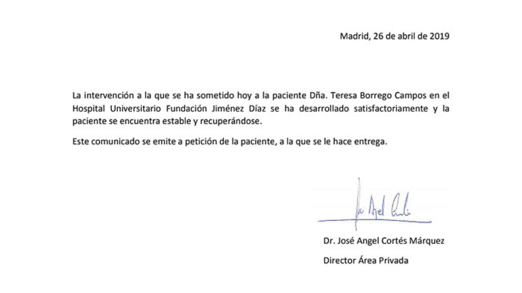 Parte médico de Terelu remitido por la Fundación Jiménez Díaz.