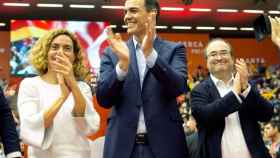 Meritxell Batet, Pedro Sánchez y Miquel Iceta en uno de los últimos actos de campaña del PSOE.