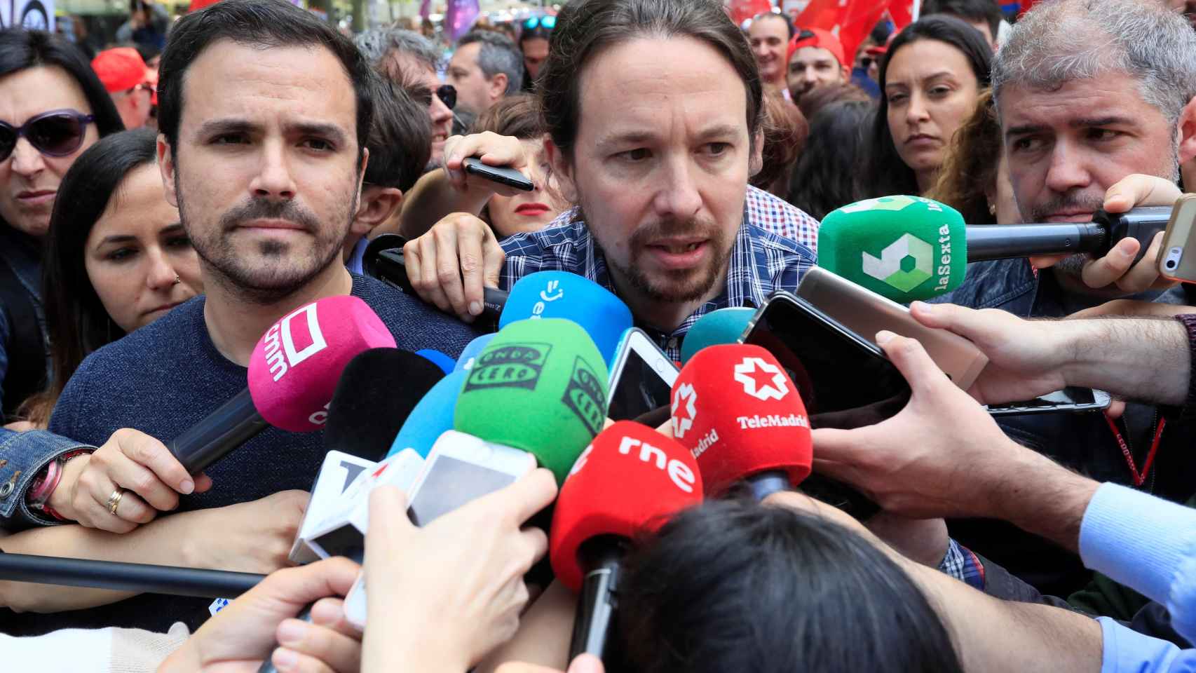 Pablo Iglesias y Alberto Garzón en la manifestación del 1 de Mayo.