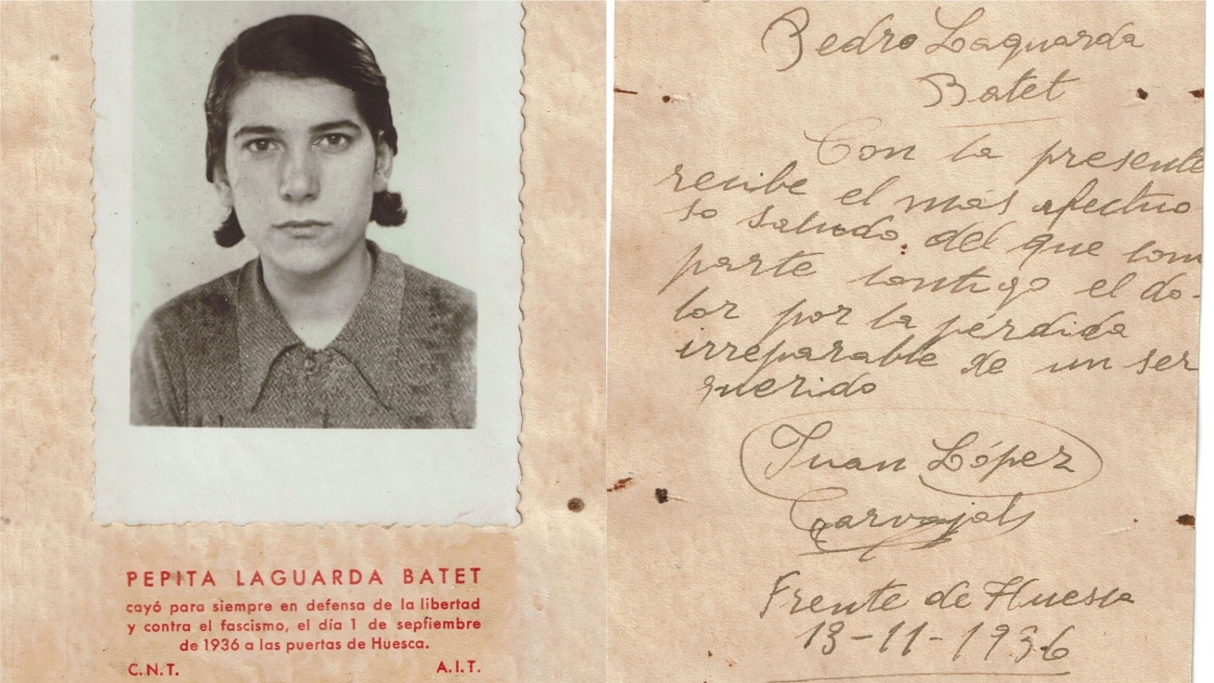 Pepita Laguarda y la postal enviada por su novia Juan a su padre.