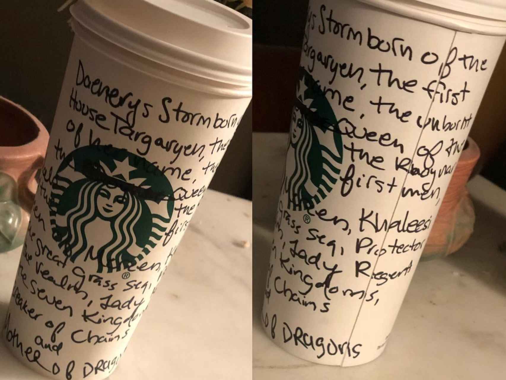 Un vaso de Starbucks con el nombre completo de Daenerys.
