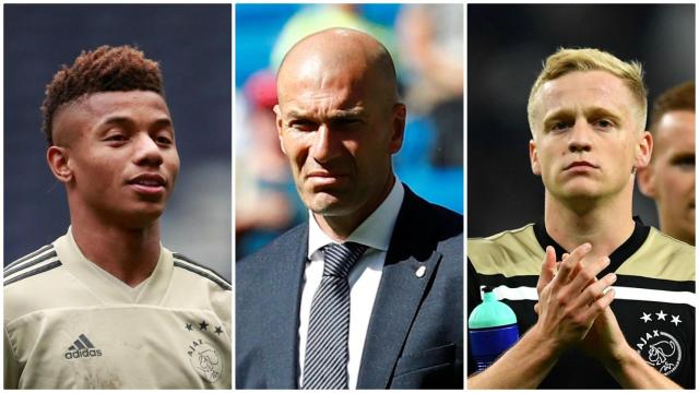 Neres (izquierda), Zidane (centro) y Van de Beek (derecha).