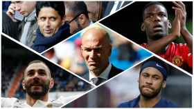 Al Khelaifi (izquierda superior), Benzema (izquierda inferior), Zidane (centro), Pogba (derecha superior) y Neymar (derecha inferior).