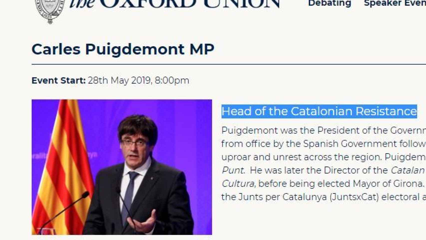 Anuncio del evento de Puigdemont en la Oxford Union./
