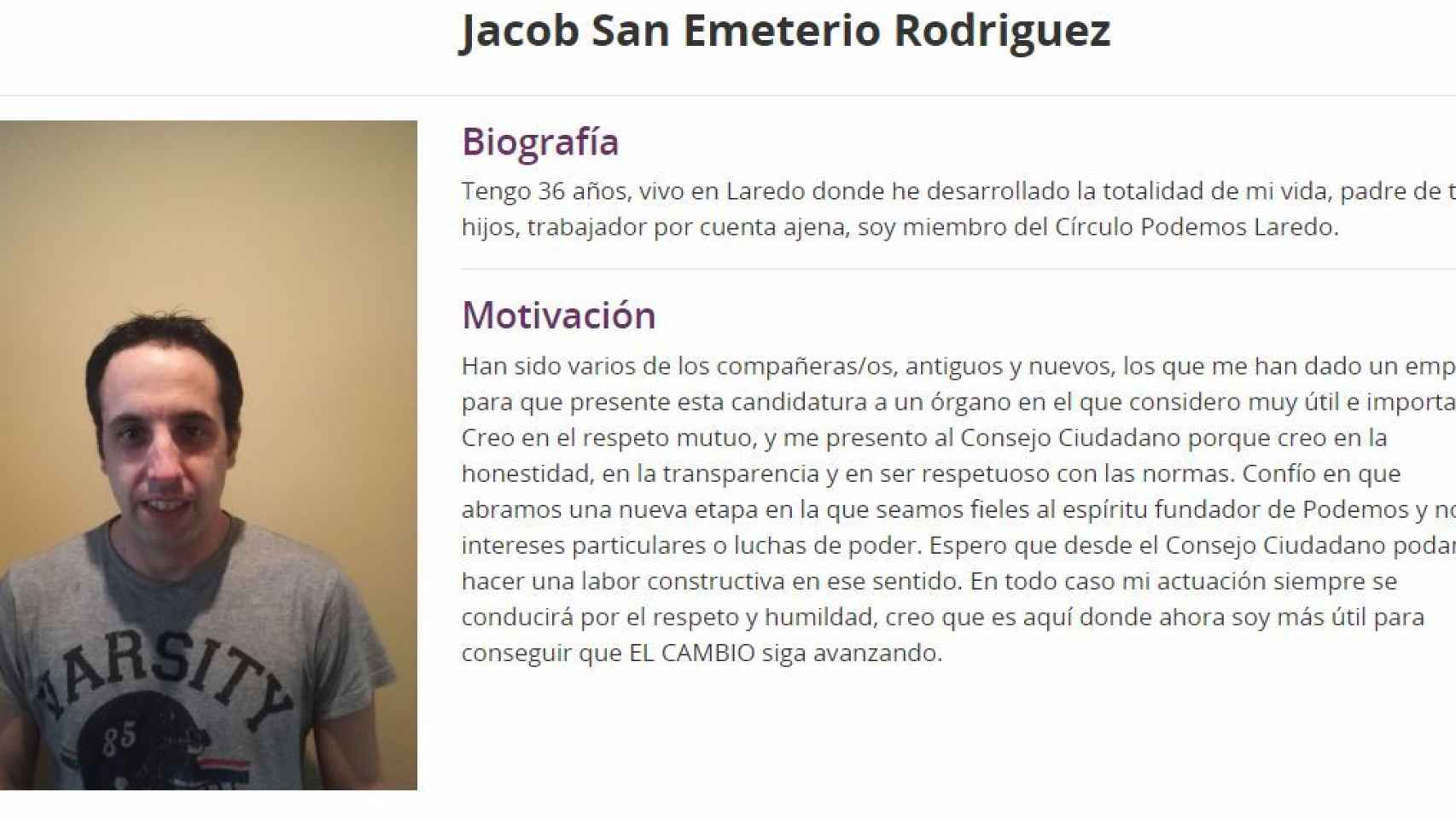 información publicada sobre Jacob en la web del partido