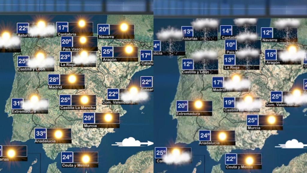 A la izquierda el mapa del clima de este miércoles, a la derecha el de este viernes